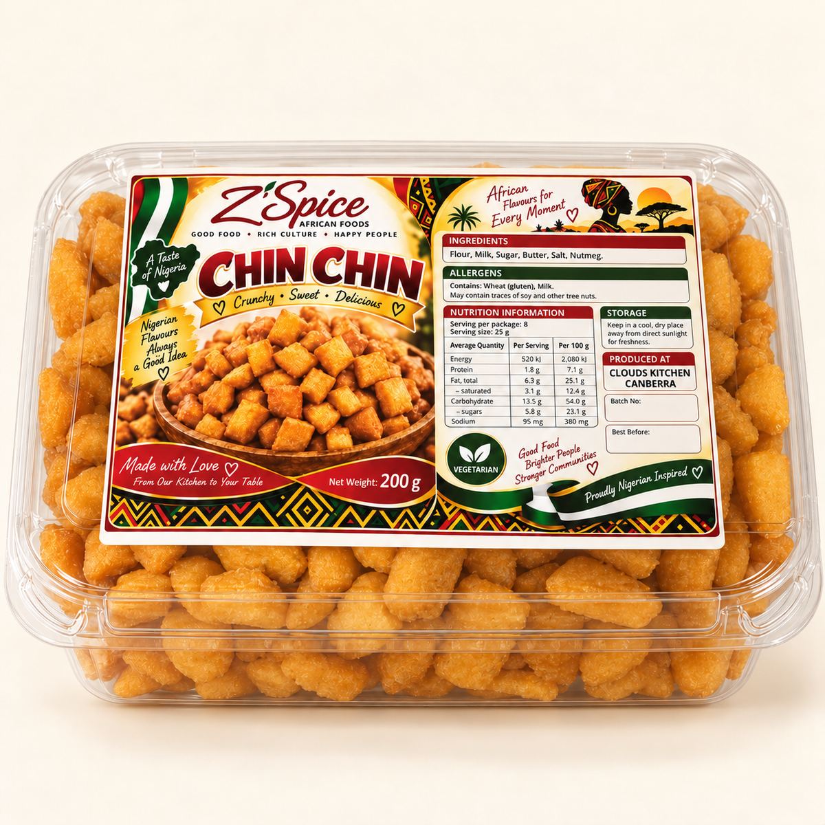 Z’Spice Chin Chin 200 g clear container; studio rendering based on supplied packaging