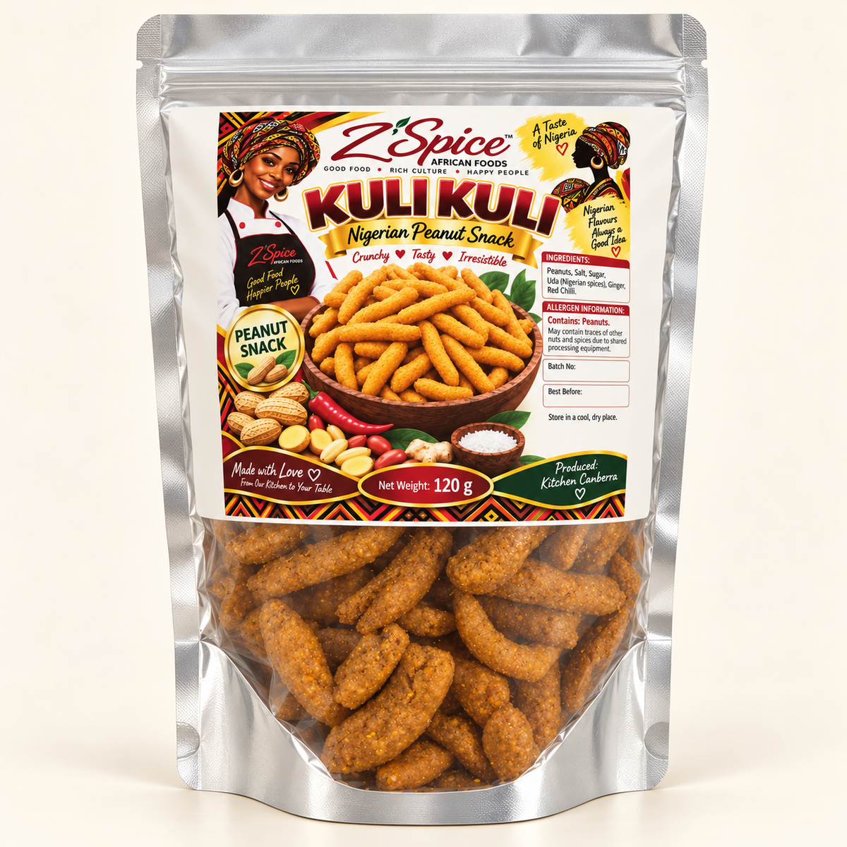 Z’Spice Kuli Kuli 120 g silver pouch; studio rendering based on supplied packaging